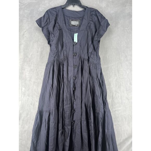 Anthropologie The Reneé Flutter-Sleeve Linen Button-Front Midi Dress Black 1X - Picture 3 of 10